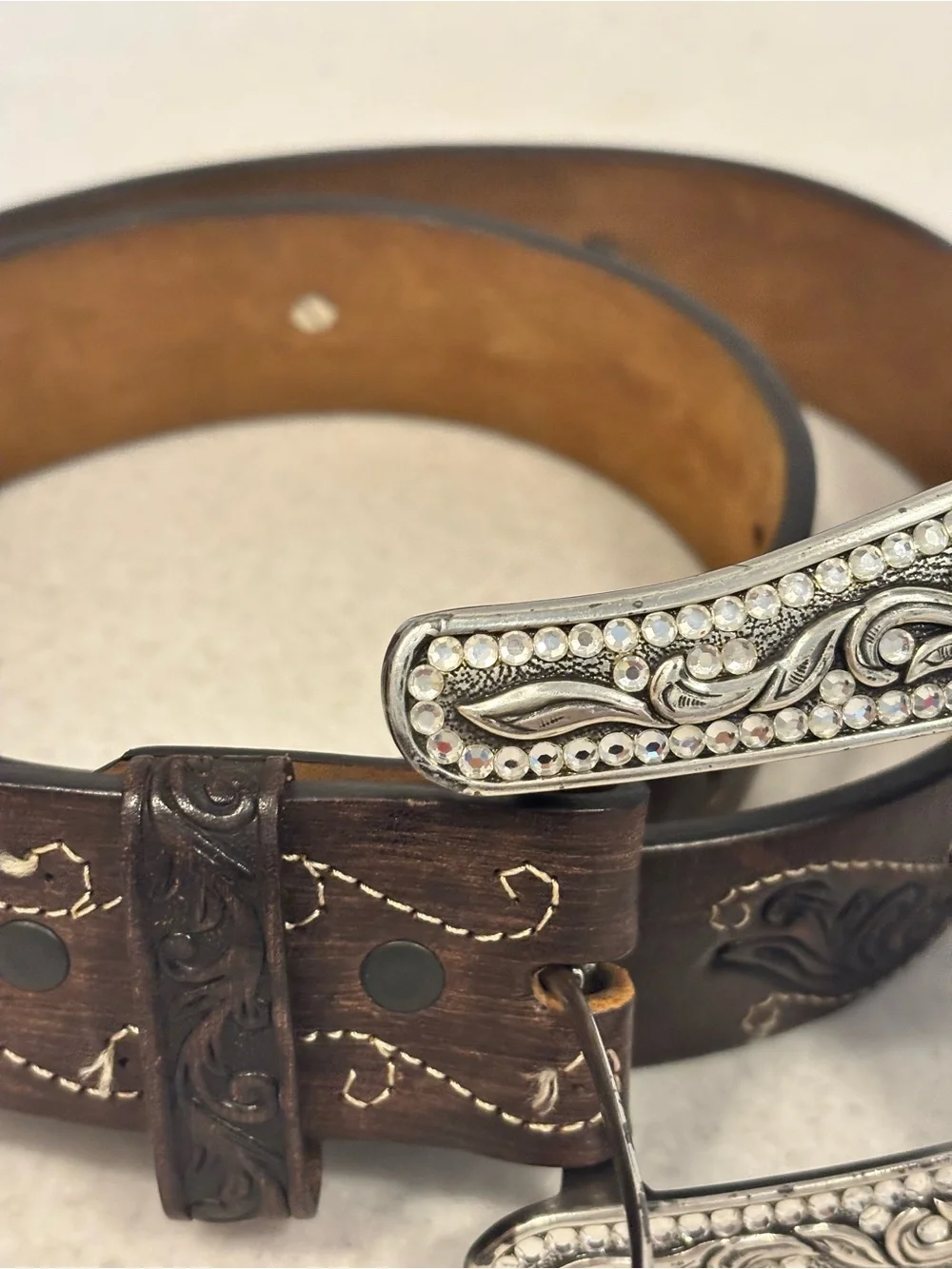 Justin 125 Year Western Leather Belt Rhinestone Buckle Floral Size 40
